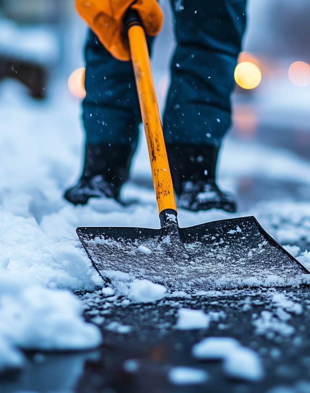 A person shovels snow off a residential road.